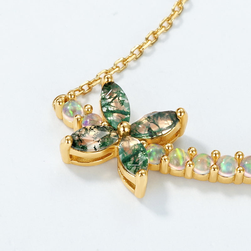 Luck Marquise Cut Moss Agate Mystical Nature Inspired Four-leaf Clover Shape Necklace