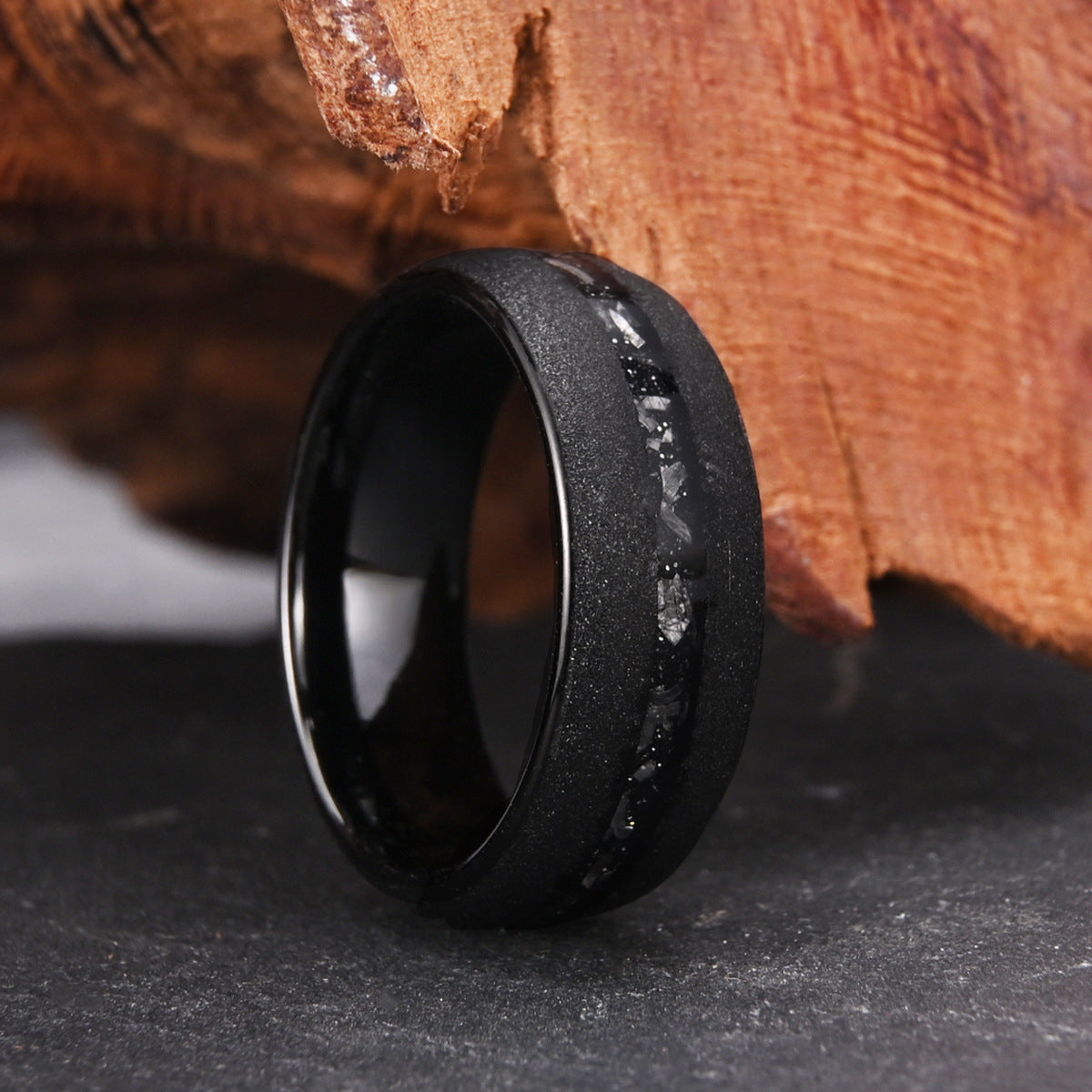 Tungsten steel curved sandblasted black meteorite ring men's wedding band
