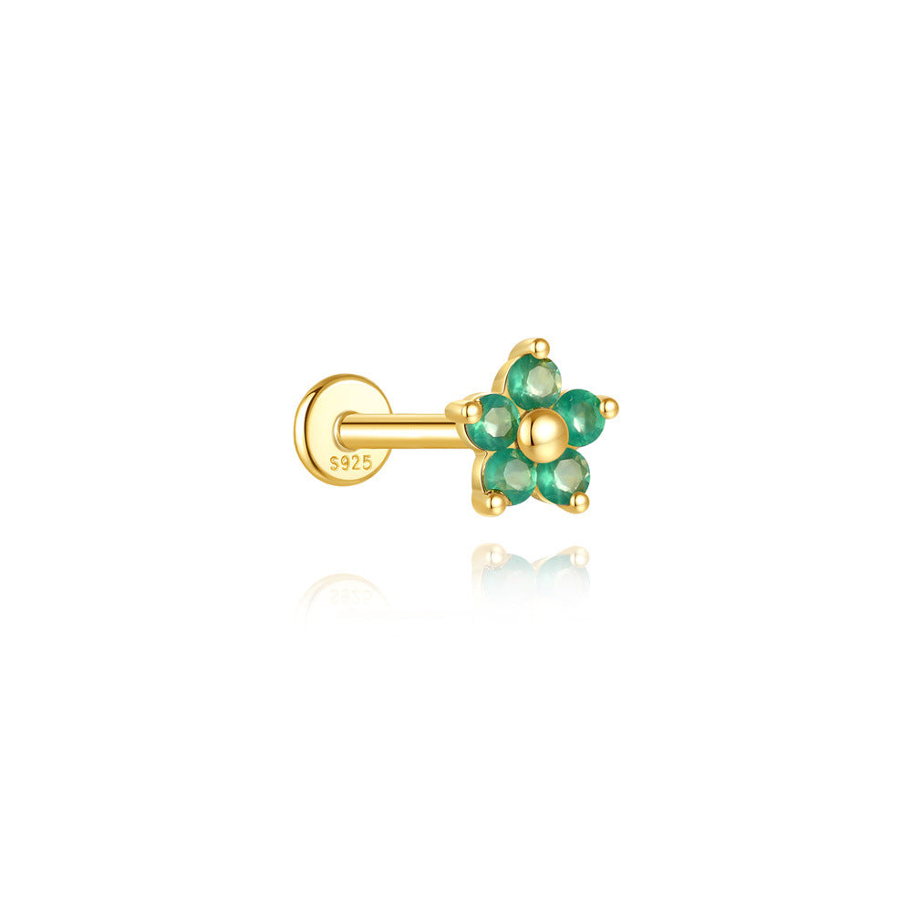 S925 Sterling Silver Gold Plated Green Zircon Flower Flat Back Cartilage Earring