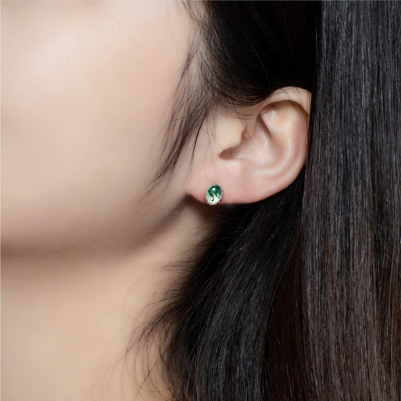 Mistral - Oval Cut Moss Agate Minimalist Classic Stud Earrings