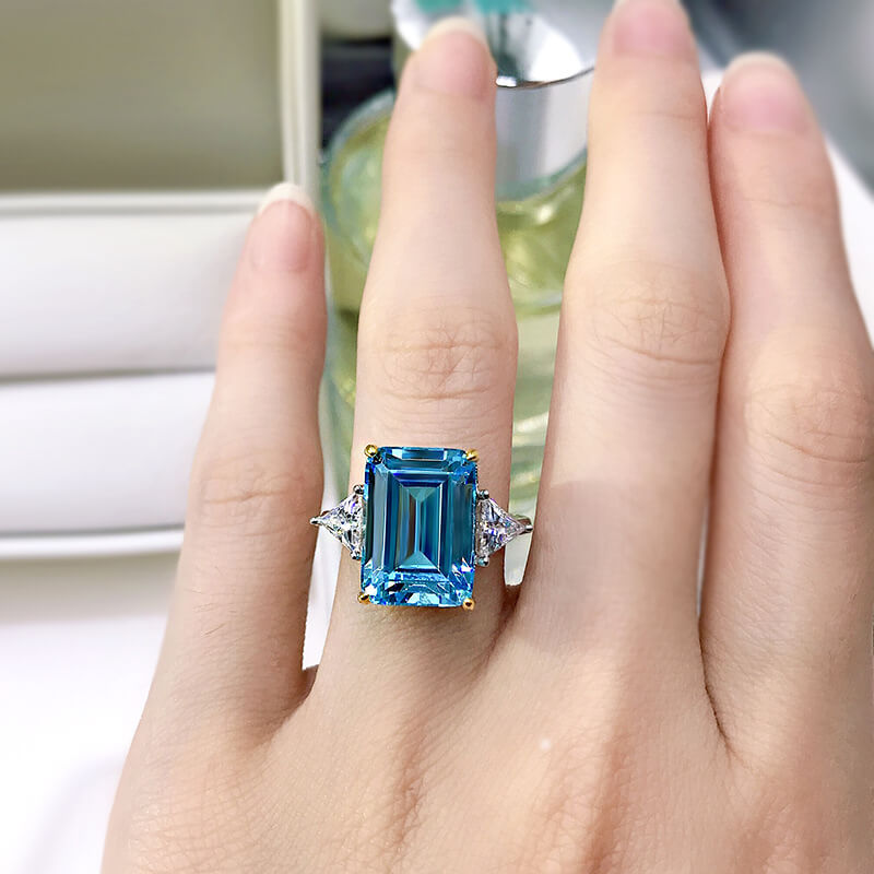 Bright Emerald Cut Blue Stone Sterling Silver Engagement Ring