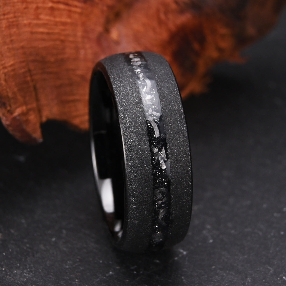 Tungsten steel curved sandblasted black meteorite ring men's wedding band
