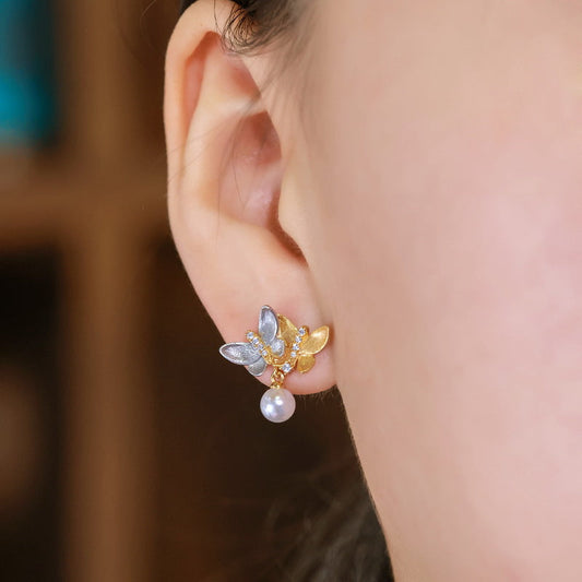 Two Tone Gold Hand-Brushed Butterfly Stud Earrings â€?Sparkling Rhinestones & Pearls