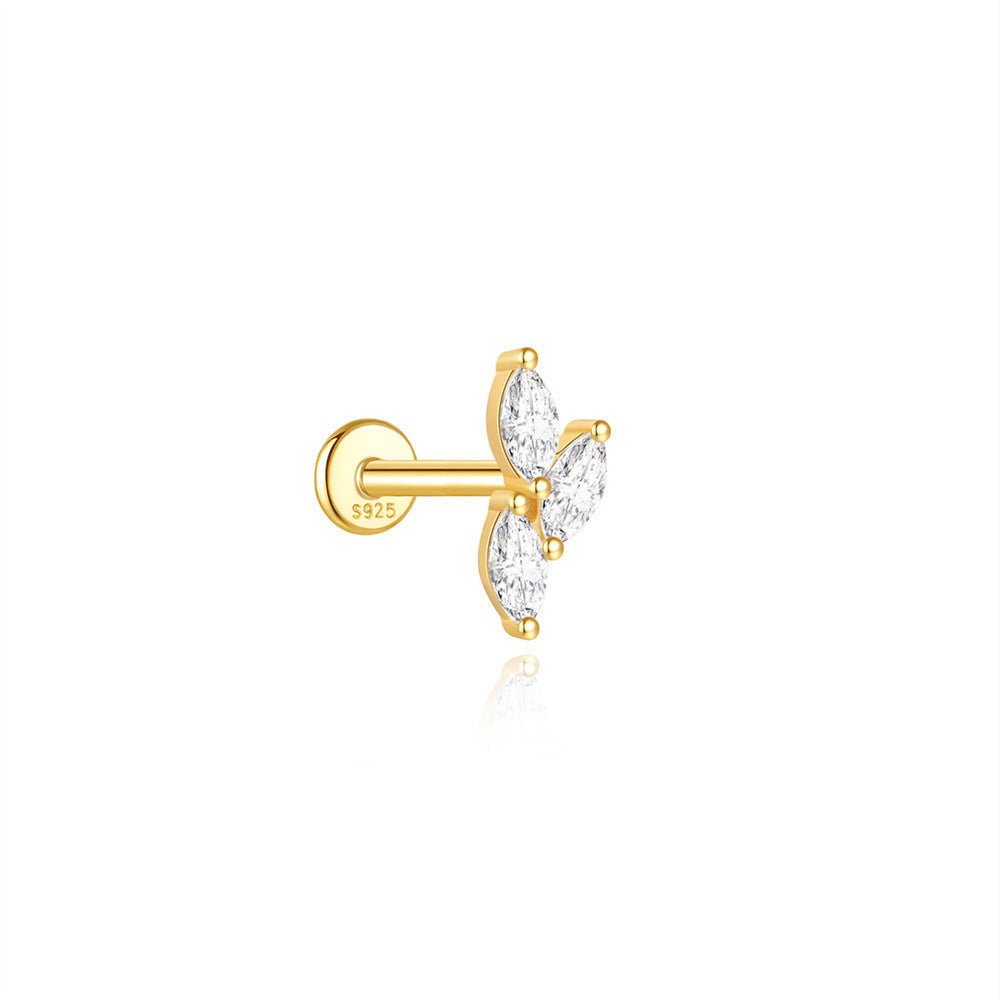S925 Sterling Silver Gold Plated Three Marquise CZ Leaf Flat Back Cartilage Earring