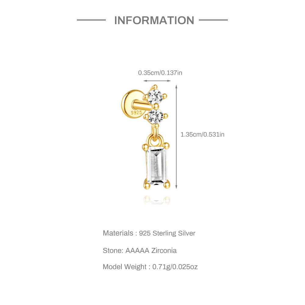 S925 Sterling Silver Gold Plated Round & Baguette CZ Drop Flat Back Cartilage Earring