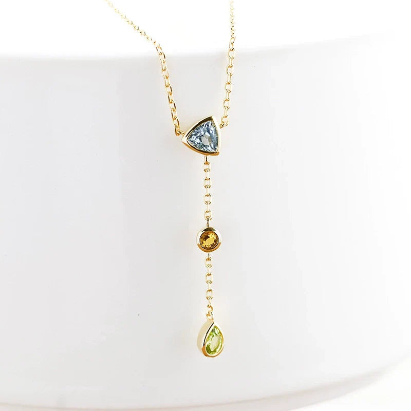 Seraphina -  Pear Cut Aquamarine Citrine and Green Peridot Layered and Elegant Classic Necklace