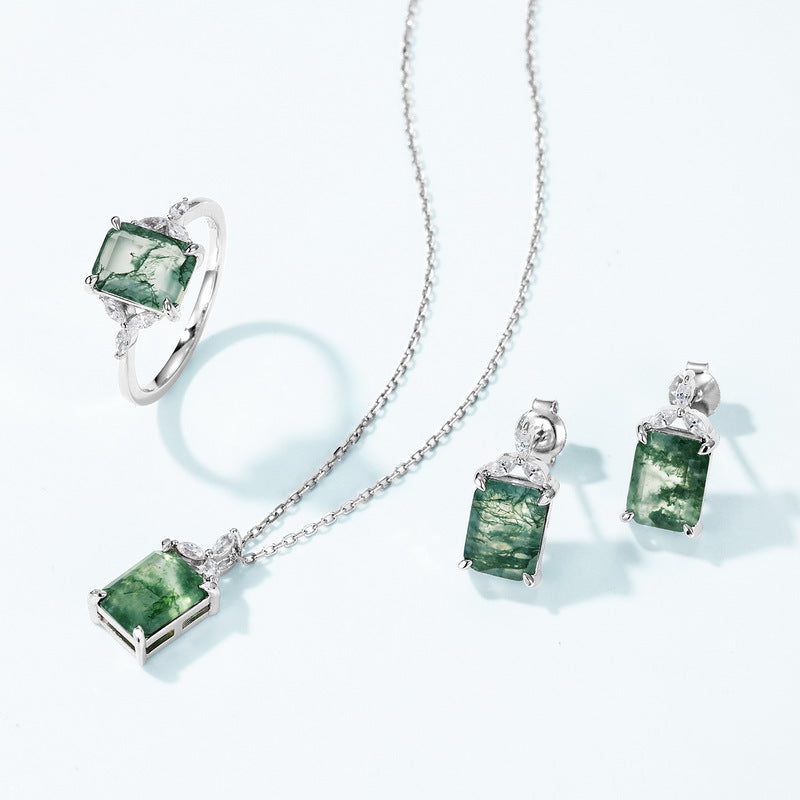 Emerald Cut Moss Agate  Accent Pendant Necklace For Girlfriend - "Verdant Throne"