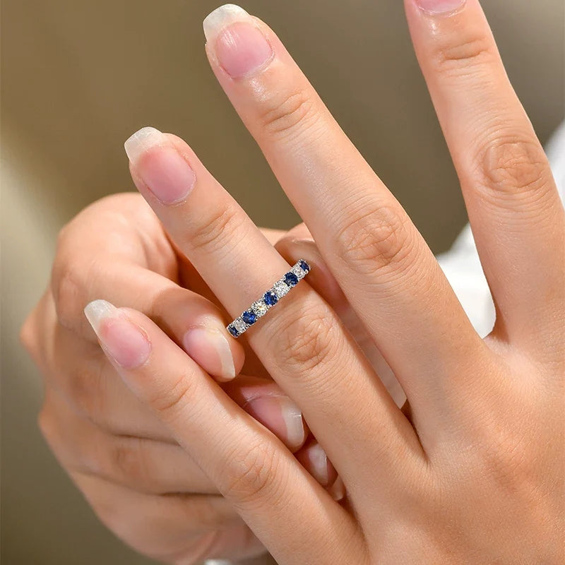 Blue Sapphire & White Alternating Half Eternity Sterling Silver Wedding Band