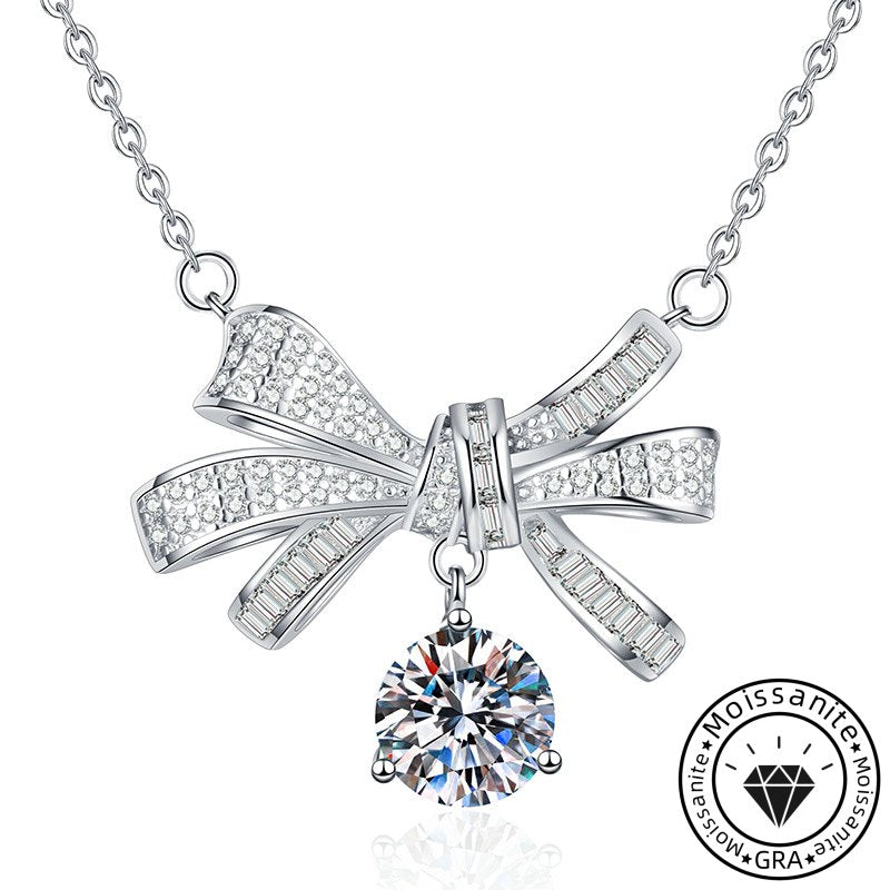 Moissanite Round Cut Bowknot 925 Sterling Silver Necklace