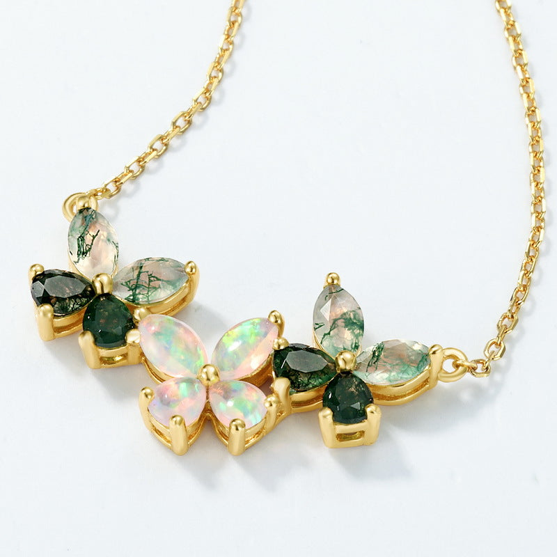 Marquise Cut Moss Agate Mystical Nature Inspired Four-leaf Clover Shape Necklace