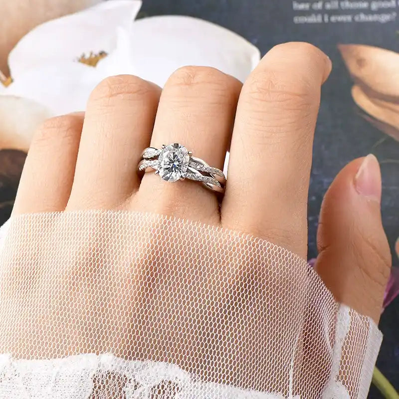 Moissanite 2.0ct Twist White Gold Pave Oval Cut Wedding Ring Set