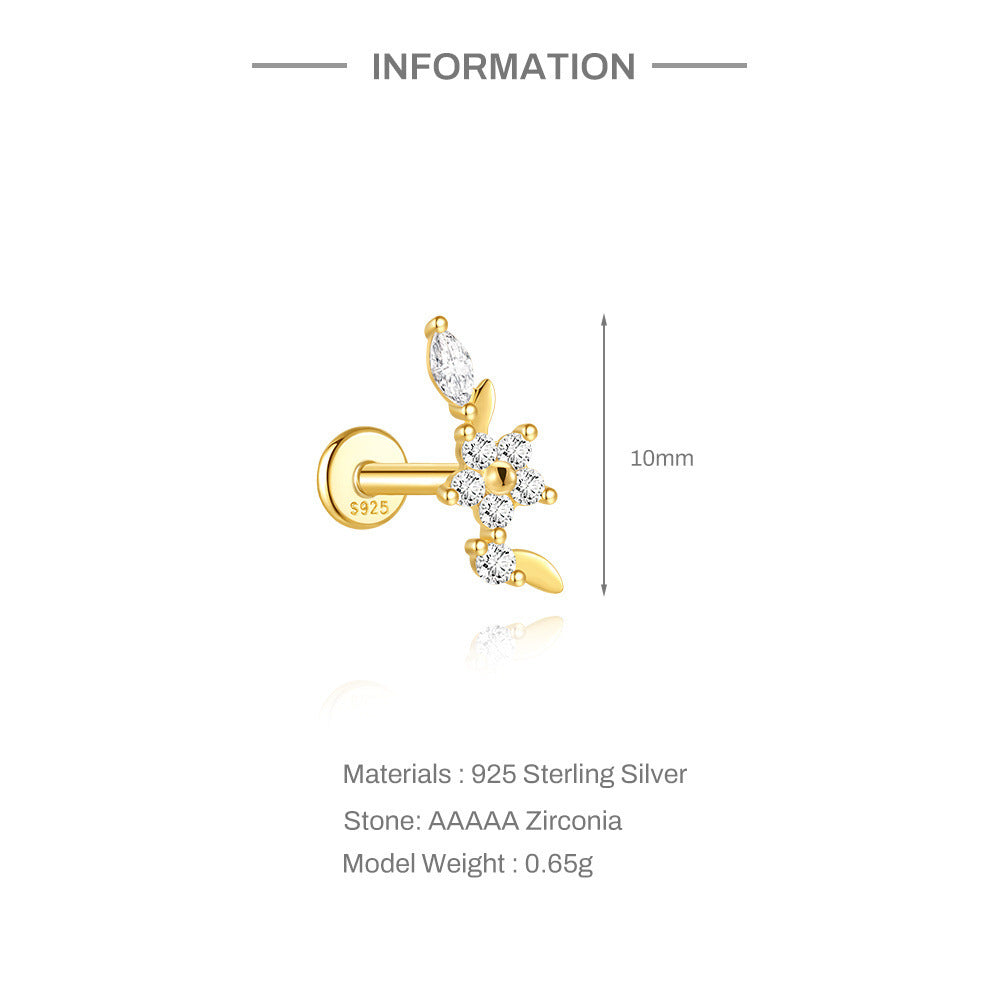 S925 Sterling Silver Gold Plated Flower & Leaf CZ Flat Back Cartilage Earring