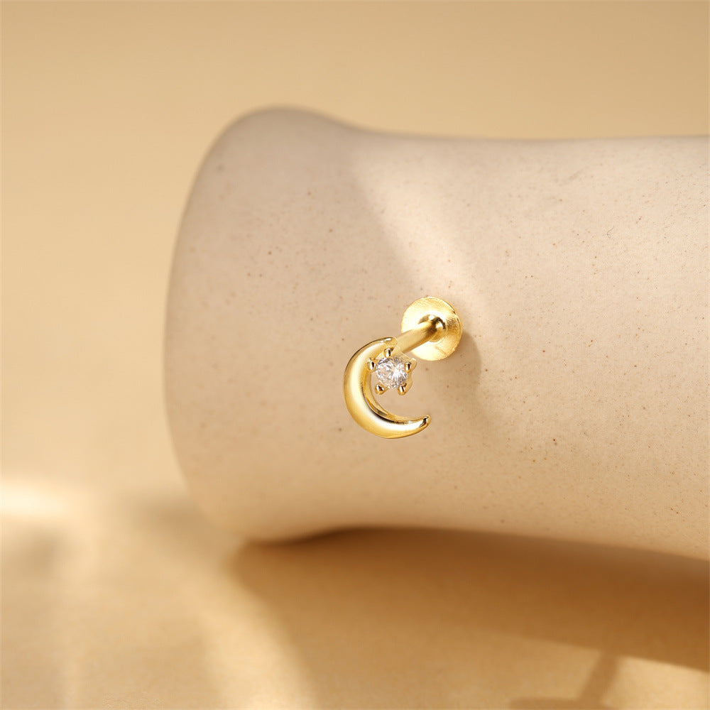 S925 Sterling Silver Gold Plated Moon with Round CZ Flat Back Cartilage Earring