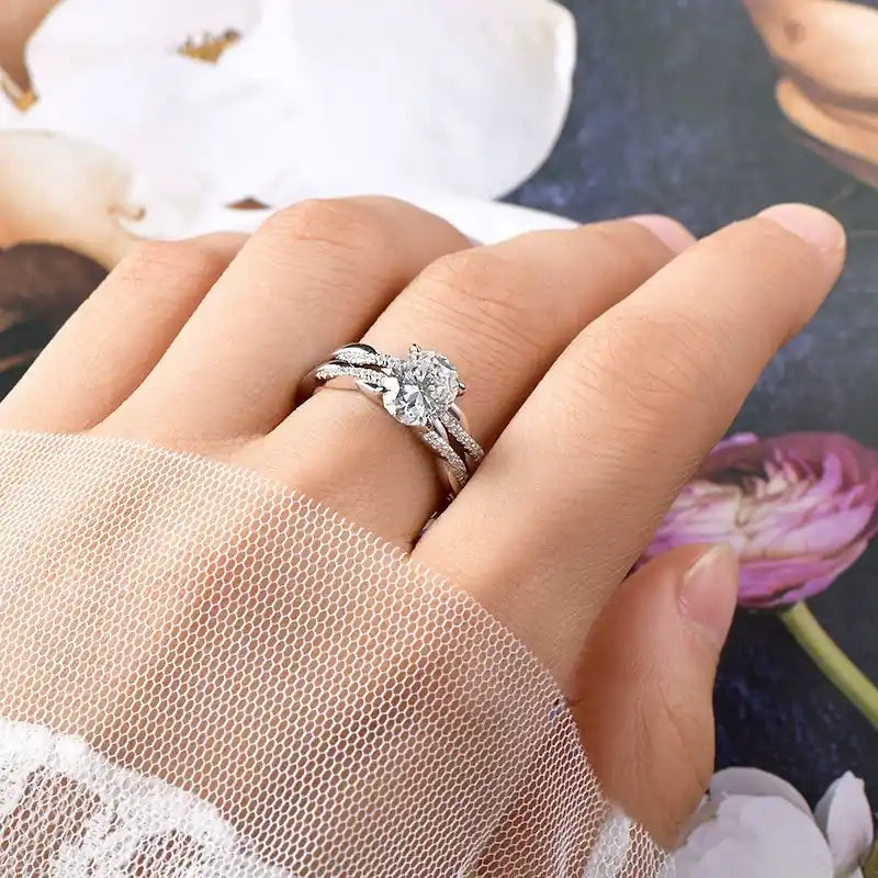 Moissanite 2.0ct Twist White Gold Pave Oval Cut Wedding Ring Set