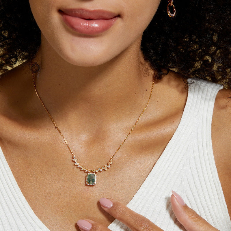 Emerald Cut Moss Agate Halo Pendant & Vine Necklace For Girlfriend - "Forest Locket"