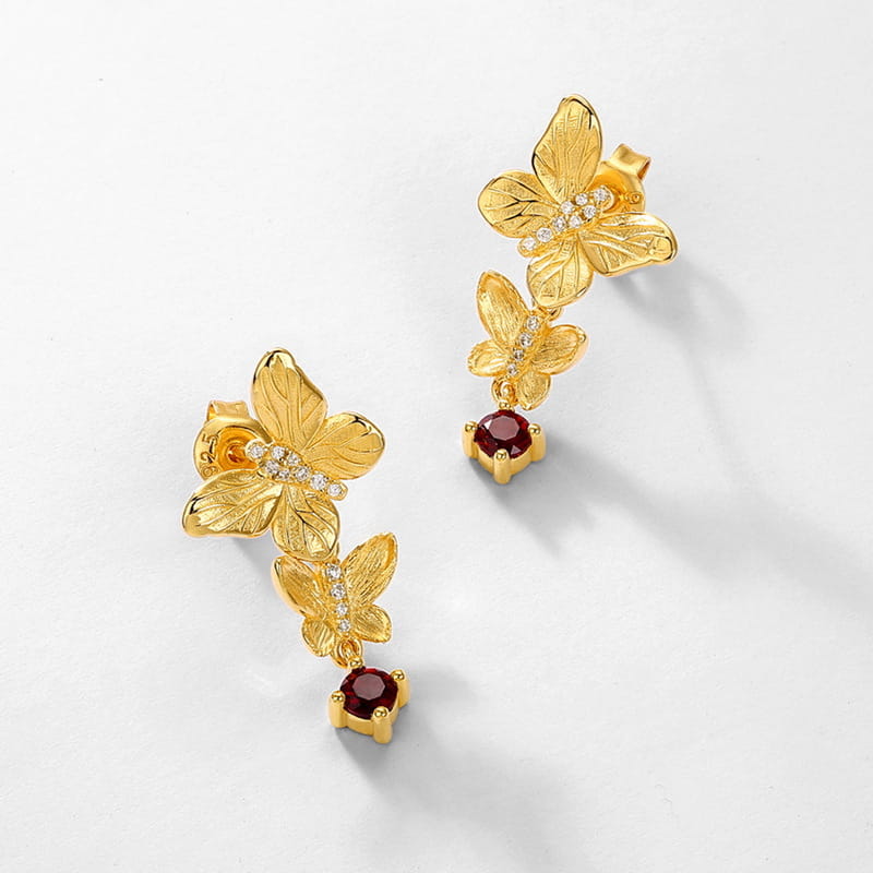 Gold Plated Sterling Silver Double Butterfly Drop Earrings with Red Garnet