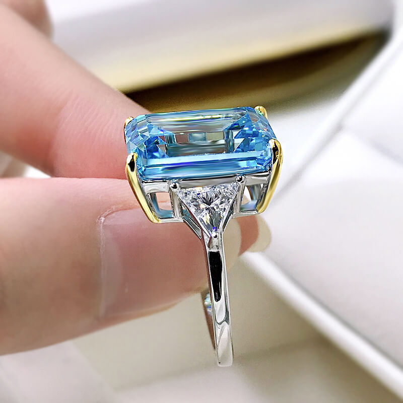 Bright Emerald Cut Blue Stone Sterling Silver Engagement Ring