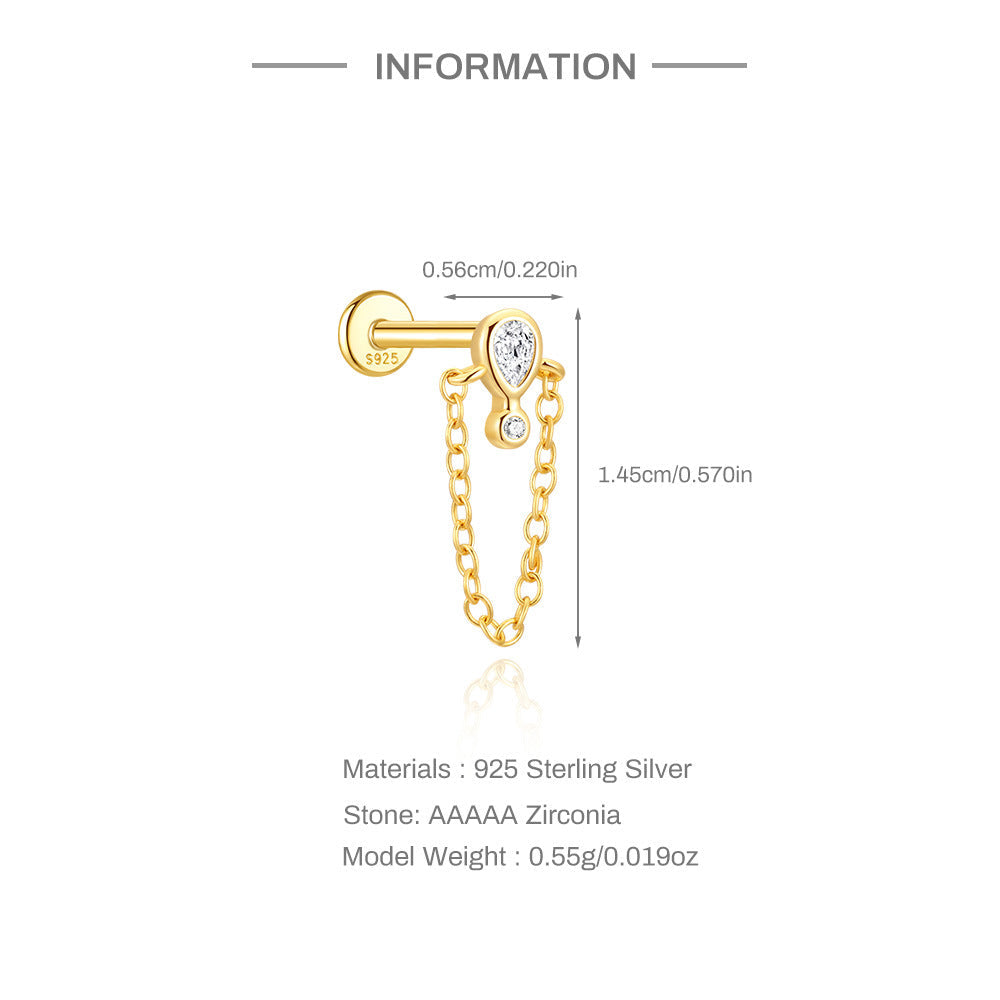 S925 Sterling Silver Gold Plated Pear & Round CZ Chain Drop Flat Back Cartilage Earring