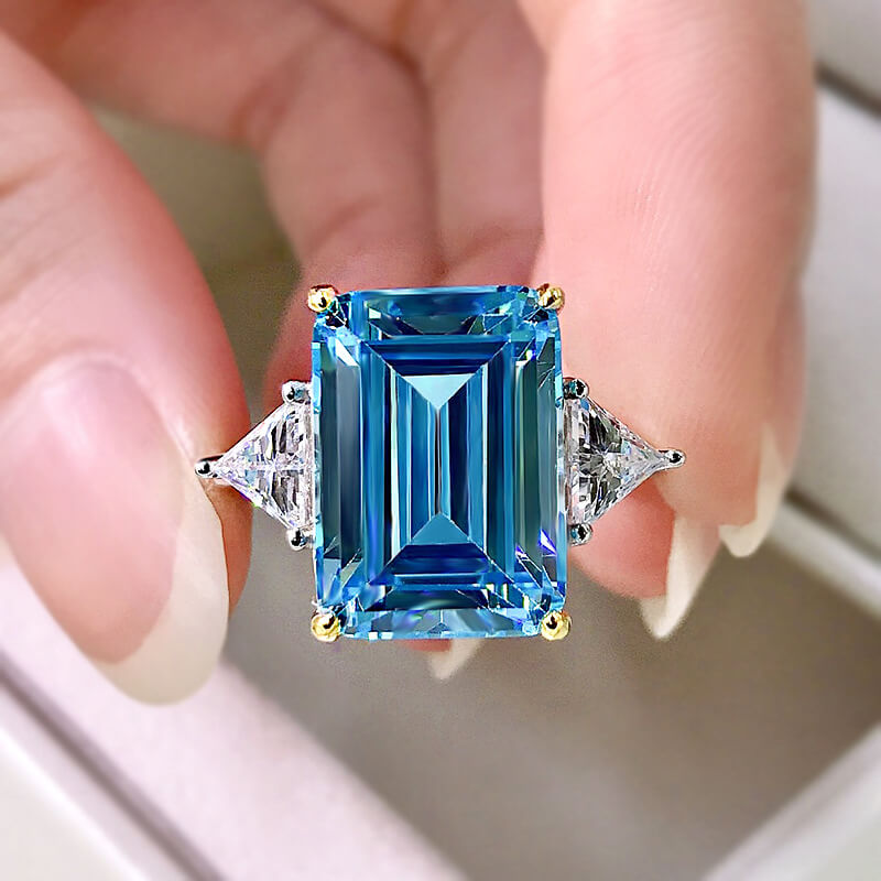 Bright Emerald Cut Blue Stone Sterling Silver Engagement Ring