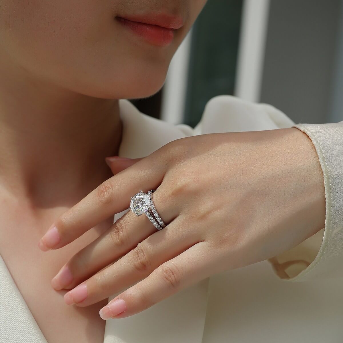 Round Cut Moissanite White Gold Plated 925 Sterling Silver Bridal Set Rings
