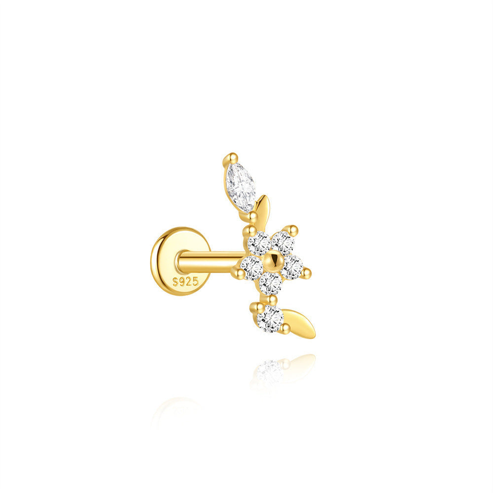 S925 Sterling Silver Gold Plated Flower & Leaf CZ Flat Back Cartilage Earring