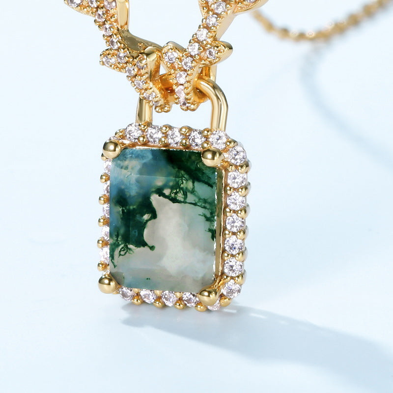 Emerald Cut Moss Agate Halo Pendant & Vine Necklace For Girlfriend - "Forest Locket"