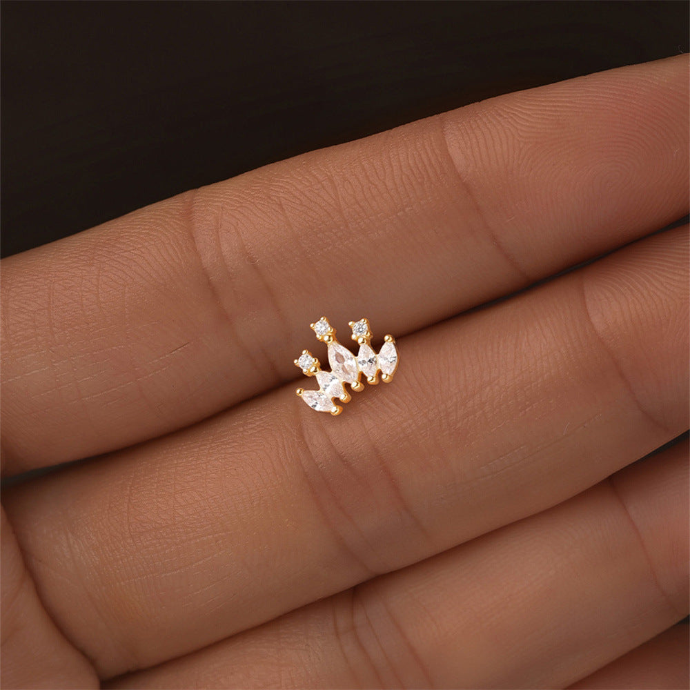 S925 Sterling Silver Gold Plated Marquise & Round CZ Crown Flat Back Cartilage Earring