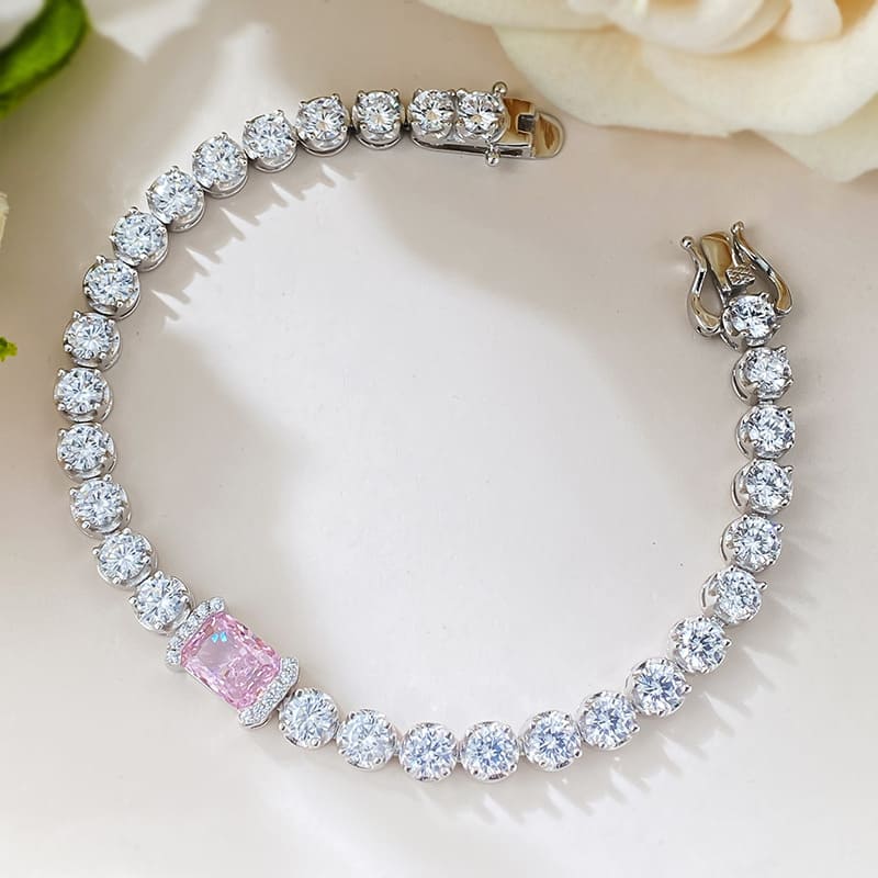 Pristine Radiant Cut Pink Stone Bracelet with White Accent Stones for Women