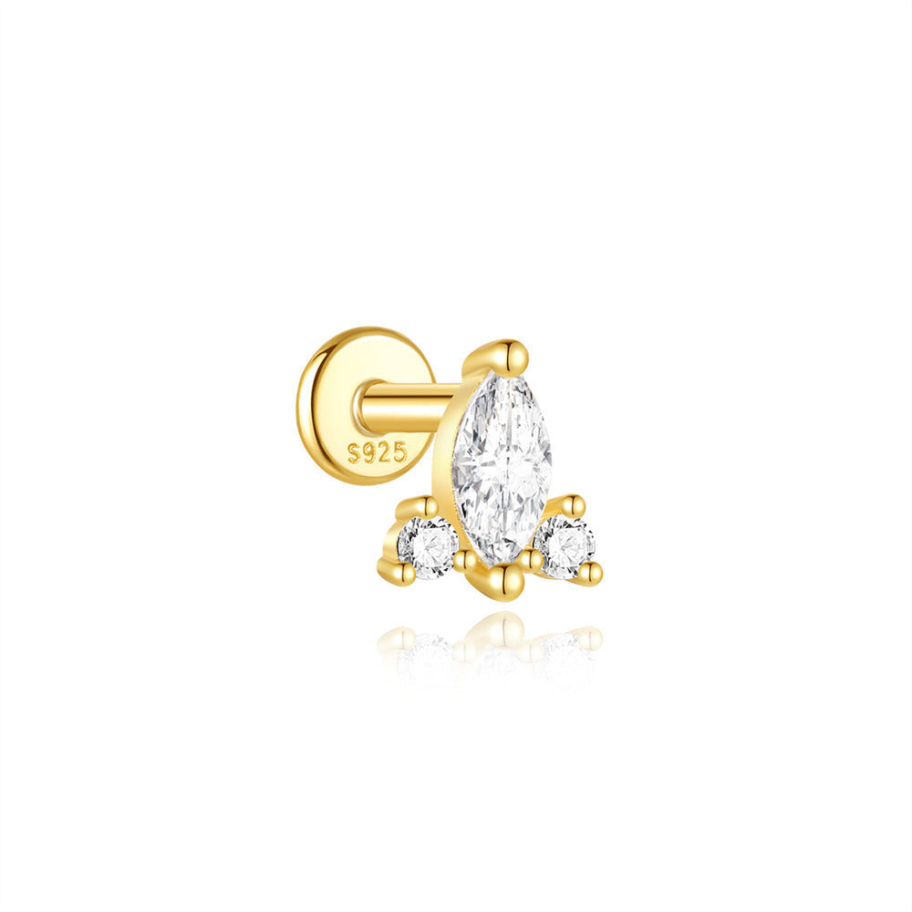 S925 Sterling Silver Gold Plated Marquise & Round CZ Crown Flat Back Cartilage Earring