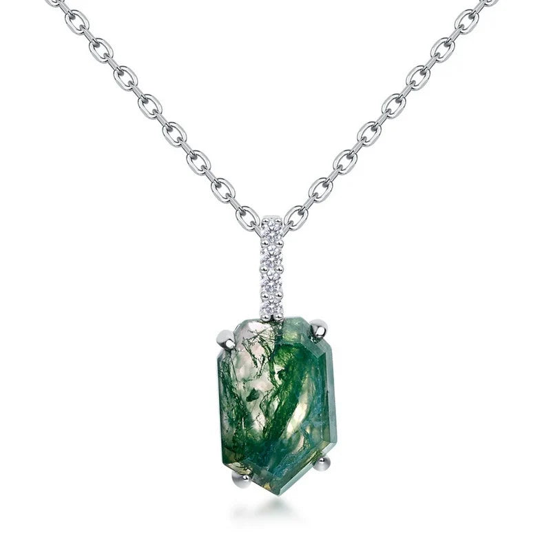 Hexagon Cut Moss Agate Classic Necklace - Willow