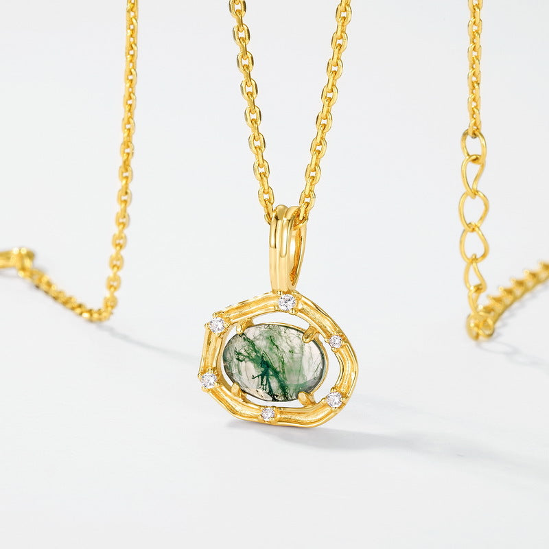 Lagoon - Oval Cut Moss Agate Vintage Pendant