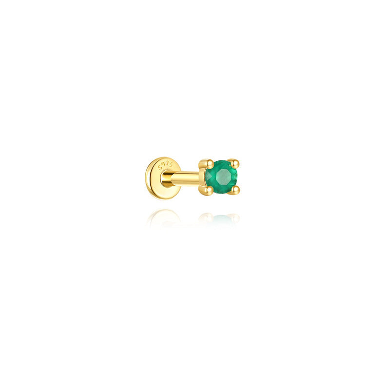 S925 Sterling Silver Gold Plated Round Green Zircon Four-Prong Flat Back Cartilage Earring
