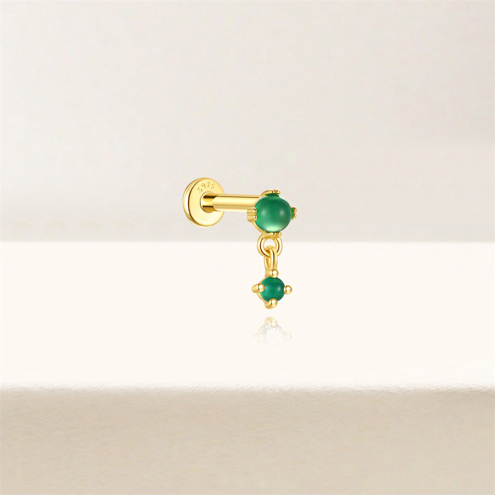 S925 Sterling Silver Gold Plated Green Zircon Drop Flat Back Cartilage Earring