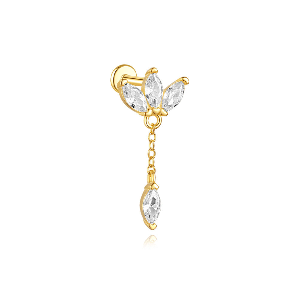 S925 Sterling Silver Gold Plated Marquise CZ Flower Chain Dangle Flat Back Cartilage Earring