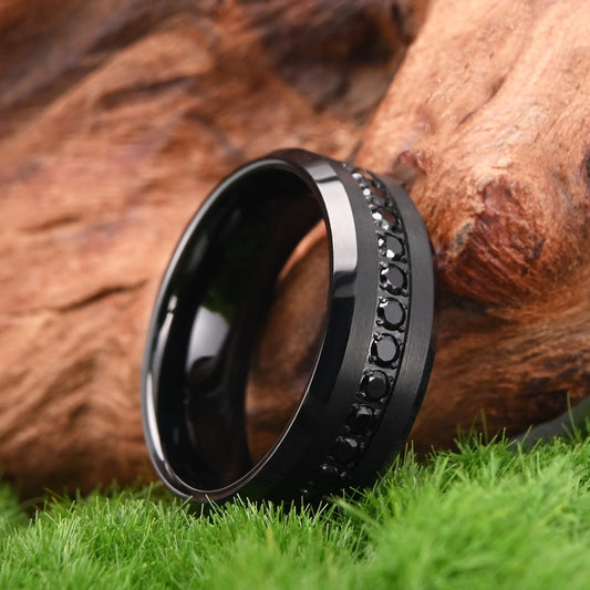 8mm tungsten men's wedding band steel hammered black ring electric black combination inlaid with black zircon