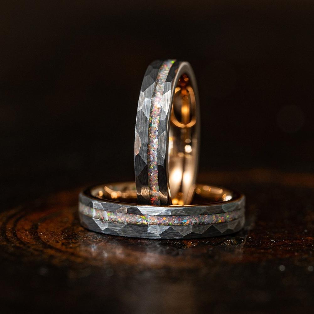 6mm Men's wedding band Tungsten Steel Hammered Electric Rose Ring Inlaid with Orbo Tungsten Gold