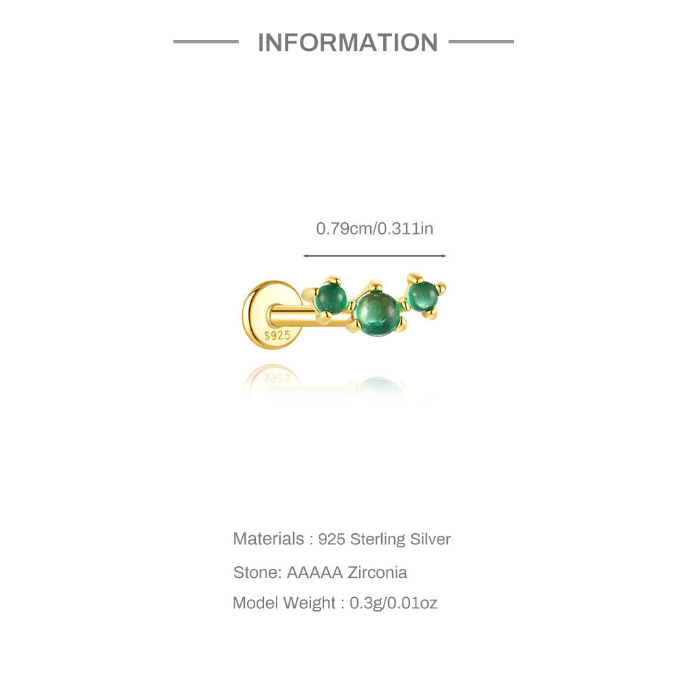 S925 Sterling Silver Gold Plated Three-Stone Green Zircon Linear Flat Back Cartilage Earring