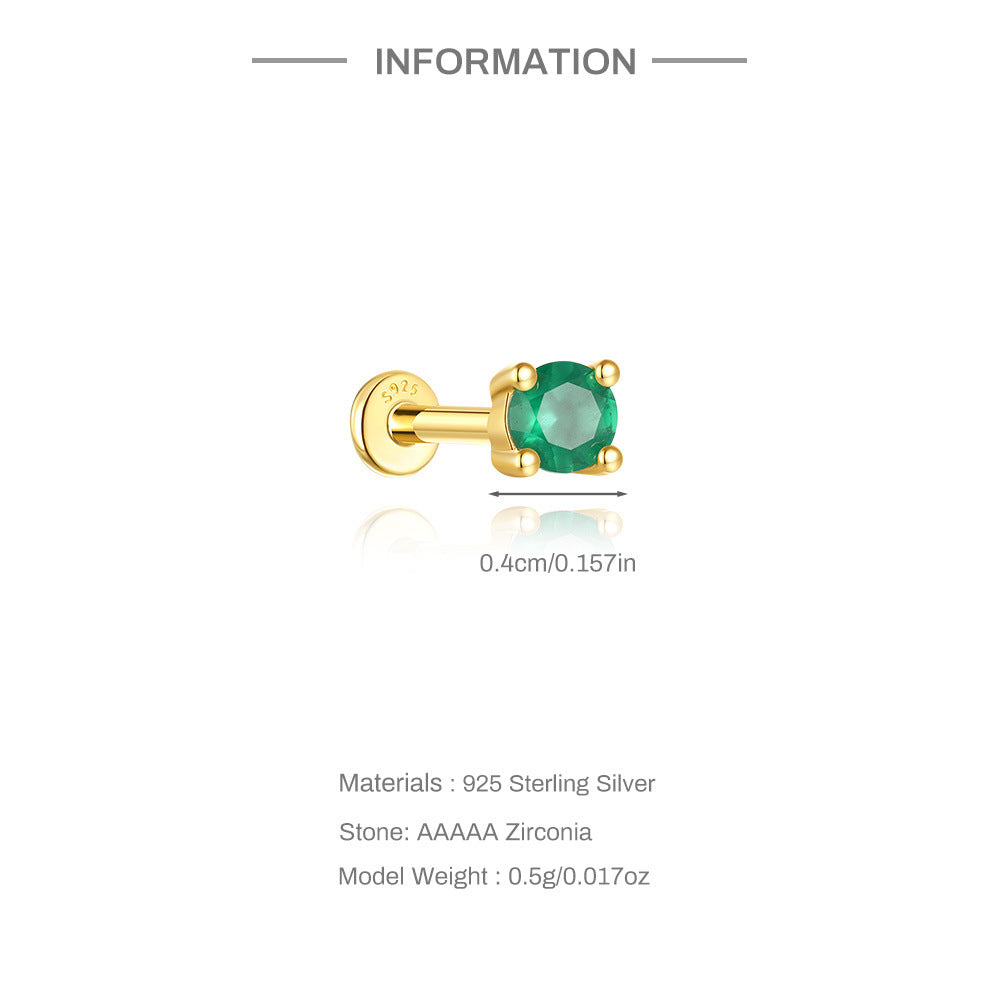 S925 Sterling Silver Gold Plated Round Green Zircon Four-Prong Flat Back Cartilage Earring