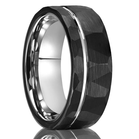 8mm Black Tungsten Ring for Men - Hammered Flat Texture & Black Electroplated Minimalist Wedding Band