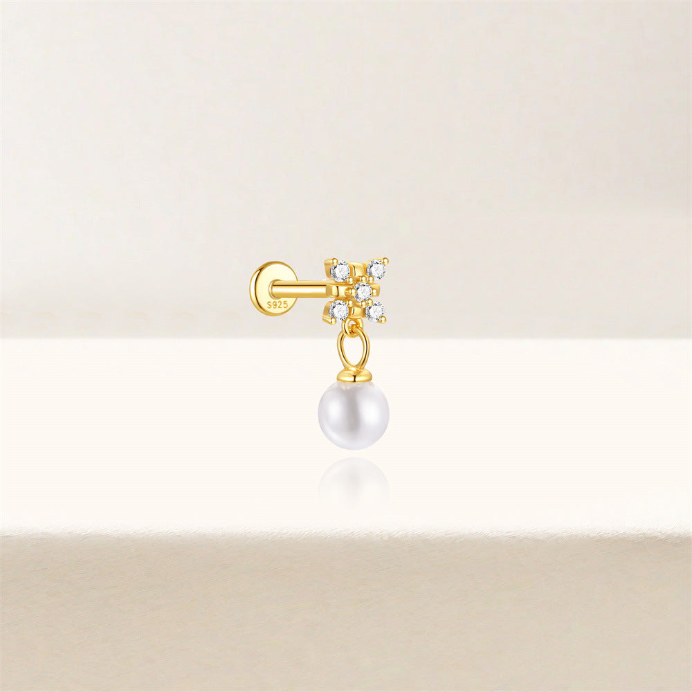 S925 Sterling Silver Gold Plated Flower CZ with Pearl Drop Flat Back Cartilage Earring