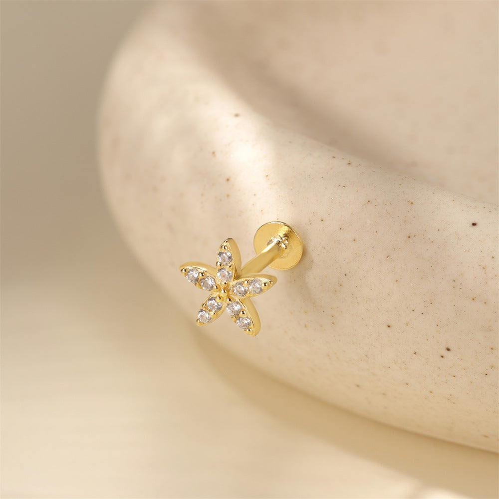 S925 Sterling Silver Gold Plated Starfish CZ Flat Back Cartilage Earring