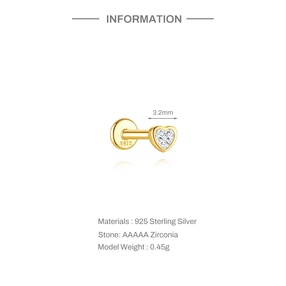 S925 Sterling Silver Gold Plated Heart-Shaped CZ Flat Back Cartilage Earring