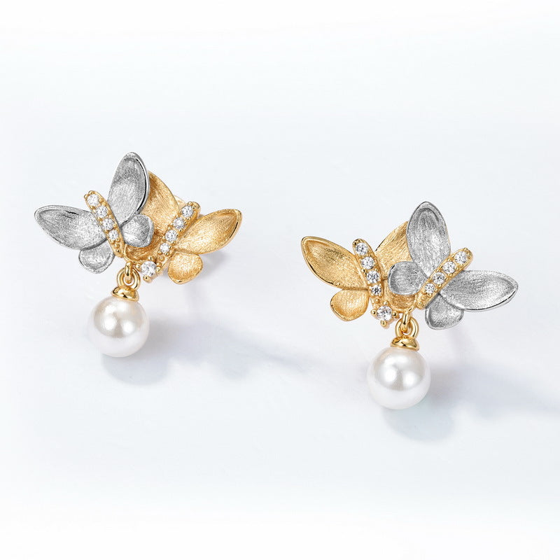 Two Tone Gold Hand-Brushed Butterfly Stud Earrings â€?Sparkling Rhinestones & Pearls