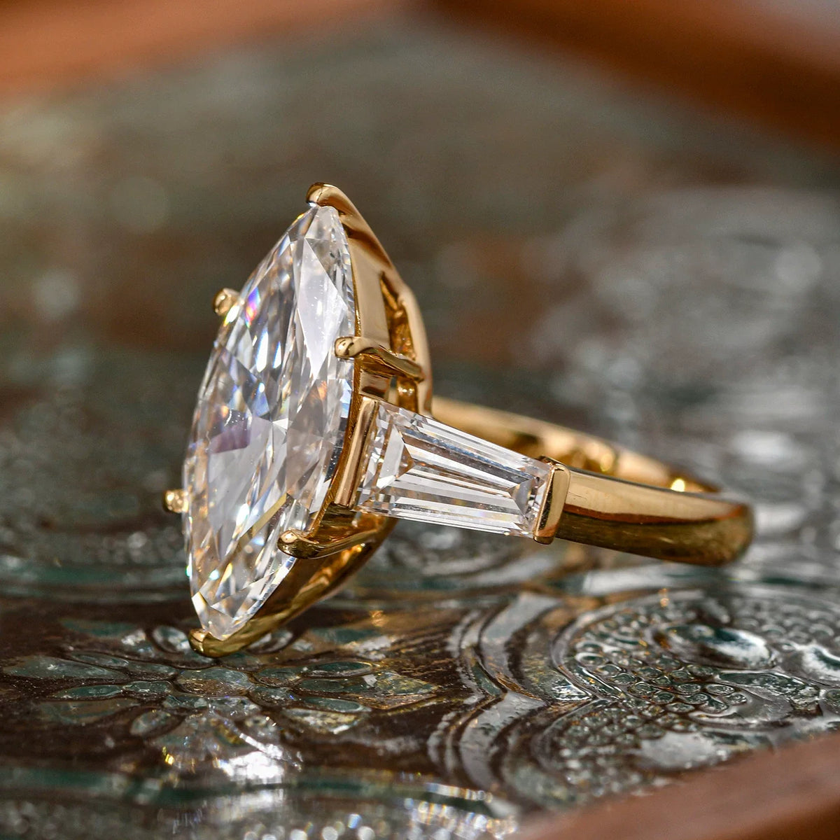 Vintage Marquise Cut Three-Stone 925 Sterling Silver Engagement Ring