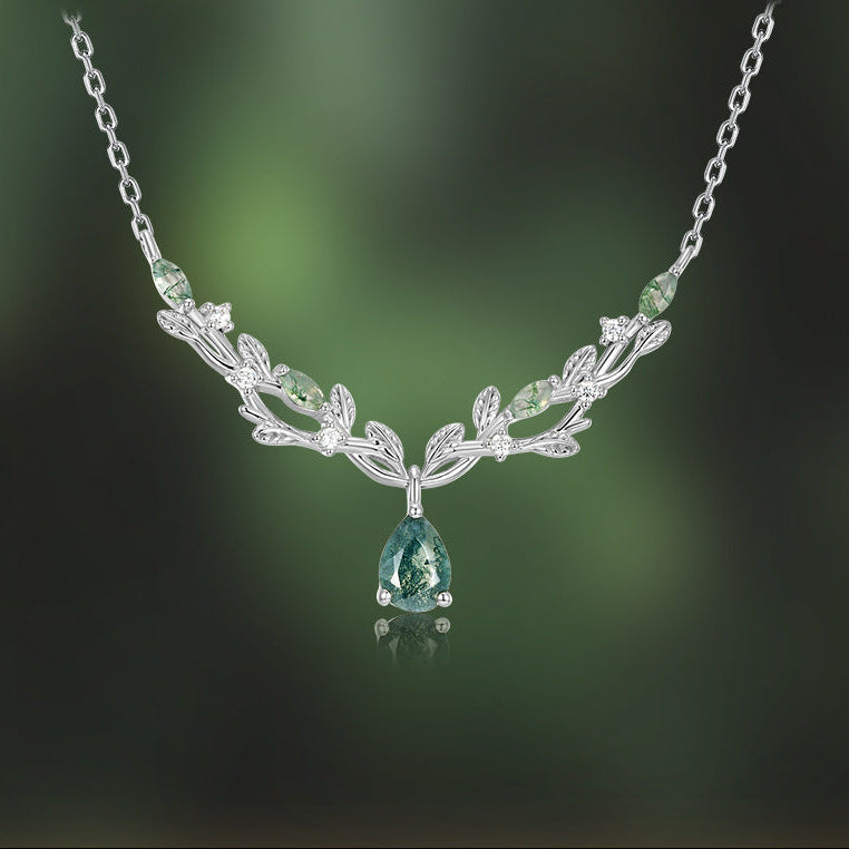 Olive Leaf Branch Green Moss Agate Collarbone Necklace Pear Cut Birthday Gift "Olivae"