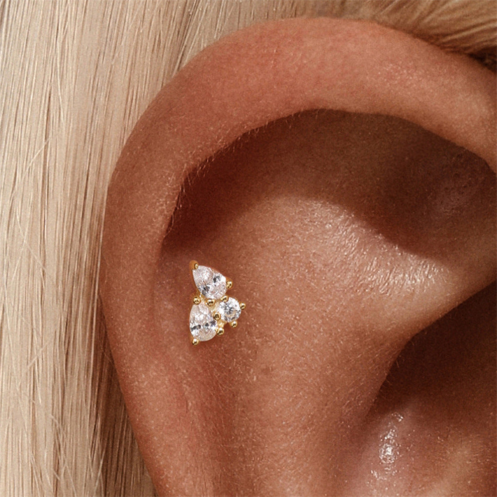 S925 Sterling Silver Gold Plated Three Pear CZ Cluster Flat Back Cartilage Earring