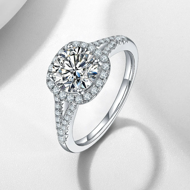 Twinkling Solarii Moissanite 2.0ct Round Cut 925 Sterling Silver Split Shank Engagement Ring