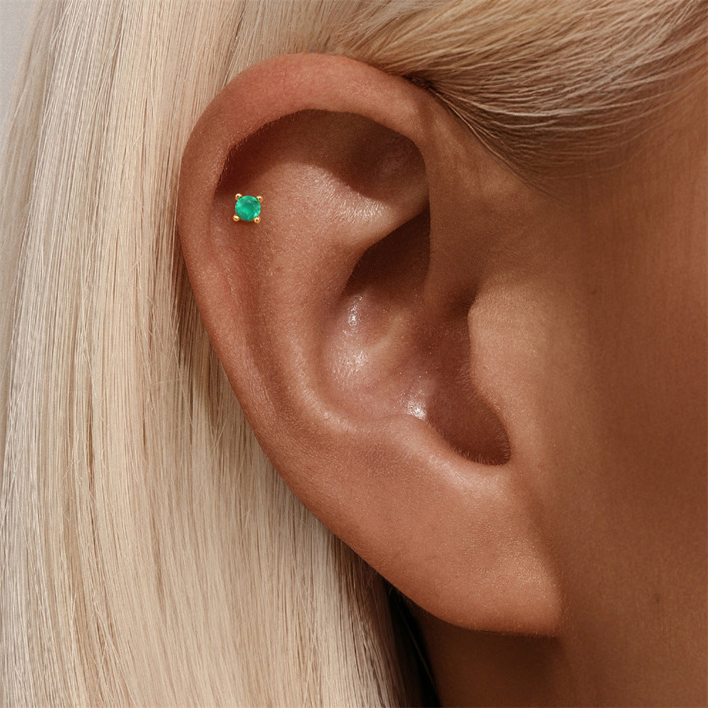 S925 Sterling Silver Gold Plated Round Green Zircon Four-Prong Flat Back Cartilage Earring