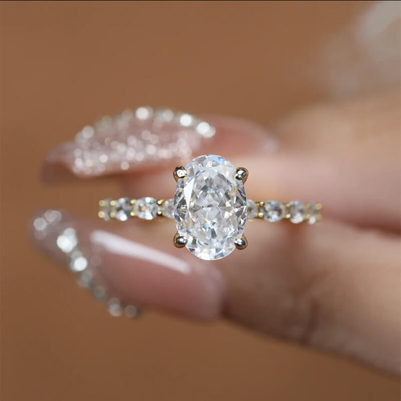 Oval Cut White Stone Ring with Yellow Gold Plating - 925 Sterling Silver