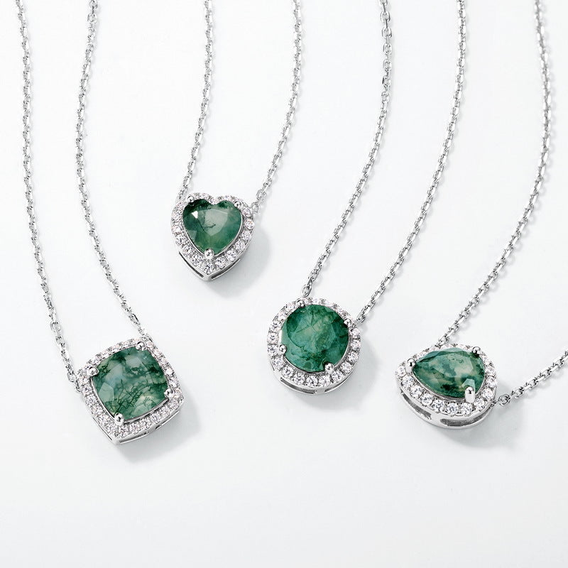 Cushion Cut Moss Agate Halo Pendant Necklace For Girlfriend - "Verdant Cushion"